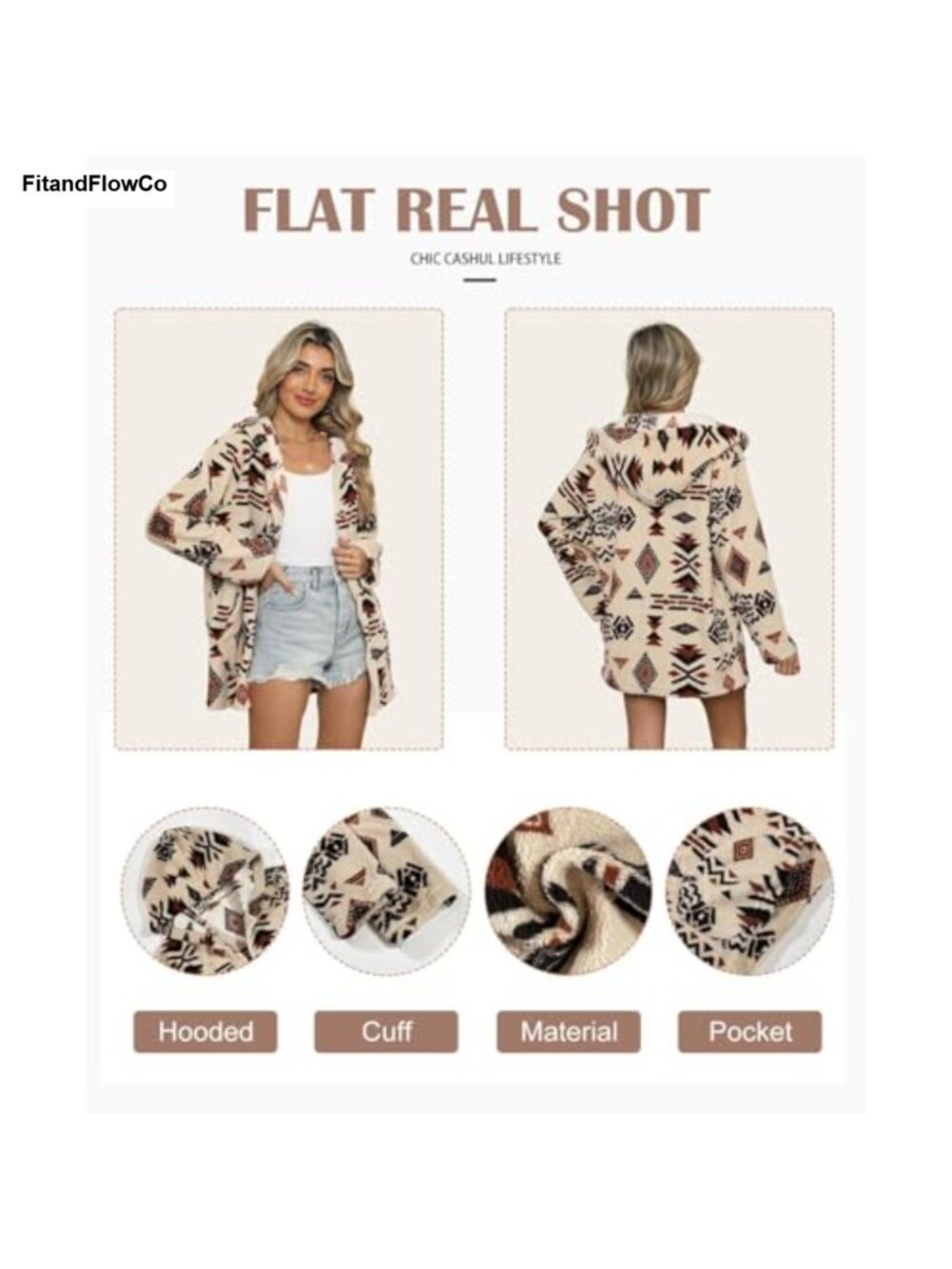 Faux Fur Aztec Print Zip Up Cropped Oversized Jacket with Pockets - Picture 3 of 5